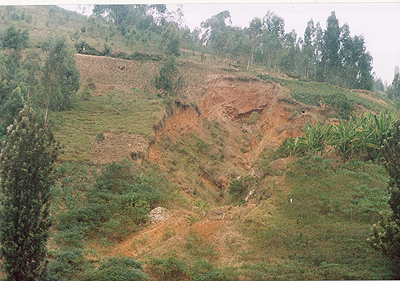 Eroded terrain. Proper land maintenance should be emphasised. (Inset) Dr. Emmanuel Nkurunziza, the Director General of Rwanda Natural Resources Authority.