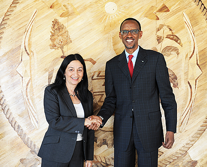 President Paul Kagame and Israelu2019s Minister of Agriculture and Rural Development, Orit Noked, after their meeting at Village Urugwiro yesterday. The New Times/Village Urugwiro.