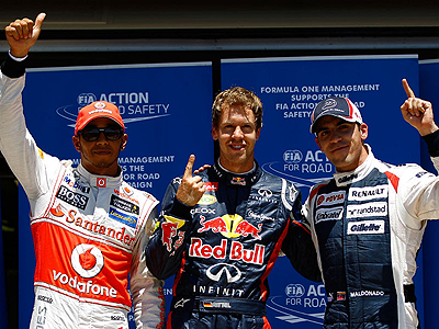 The top 3, (L-R), Lewis Hamilton, Sebastian Vettel and Pastor Maldonado. Net photo.