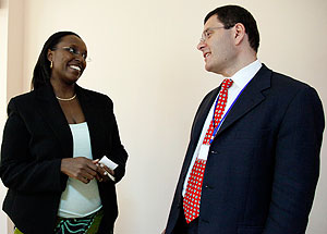 Ministry of Natural Resources PS, Caroline Kayonga(L), chatting with Boris  Dolgonos, from International Senior Lawyer Project. The New Times / Timothy Kisambira.