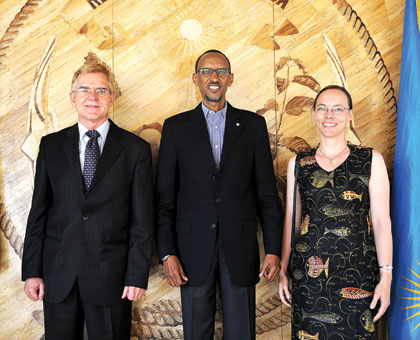 President Kagame with the outgoing German Ambassador to Rwanda, Elmar Timpe, and his wife Sonja Diez, at Village Urugwiro yesterday. The New Times / Village Urugwiro. 