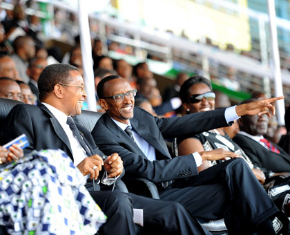 L-R: President Jakaya Kikwete of Tanzania, his host, President Paul Kagame, and the First Lady Jeannette Kagame, during the Independence and Liberation celebrations at Amahoro stadium, Kigali, yesterday. The New Times/Village Urugwiro.