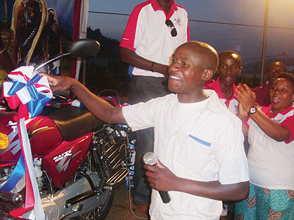 The excited Jean Pierre Ugirimbabazi canu2019t believe his luck after winning a motorbike worth over Rwf2million.