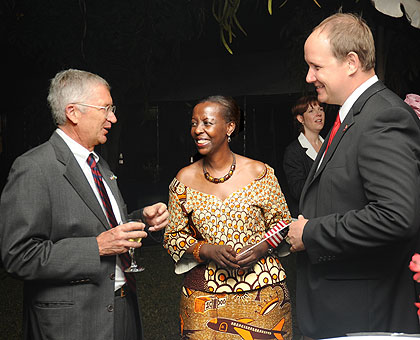 Minister Louise Mushikiwabo (C)  with US Ambassador Donald W. Koran (L) and Daniel Schaer from the Delegation of European Union to Rwanda. The New Times, John Mbanda