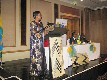 Speaker Rose Mukantabana addressing Rwandan Diaspora in South Africa on Friday.