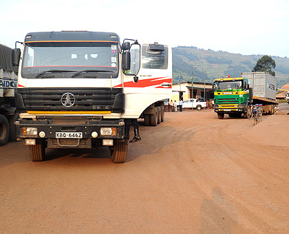 Trucks at Gatuna border heading to Uganda. The New Times / John Mbanda.