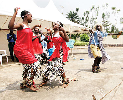 Members of Club Tuseme Groupe Scolaire Karama in Gatsibo District, dancing during the inter-schools competition yesterday. The New Times / Timothy Kisambira.