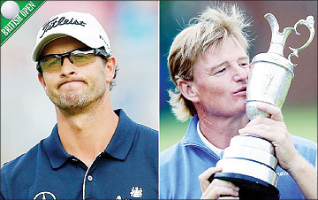 Adam Scott (L) bogeyed the final four holes to finish one stroke behind Ernie Els (R), who took home his econd Claret Jug. Net photo.