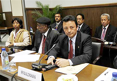 Madagascars ousted president Marc Ravalomanana attends the second round of talks with the current President Andry Rajoelina (not pictured).   Net photo.