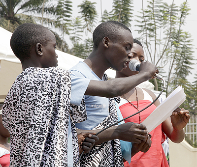 Club Tuseme member from G.S Karama, Gatsibo, reciting a poem during the school competition. The Sunday Times/ T Kisambira