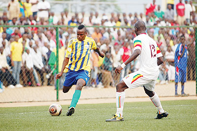 Junior wasps midfielder Charles Tibingama Mwesigye (L) played a key role in the 2-1 first leg home win over Mali on Sunday. The New Times/E. Niyonshuti.