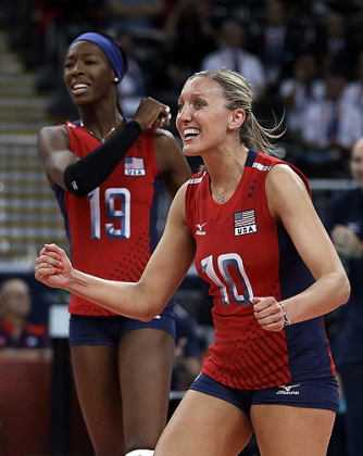 United States' Destinee Hooker, left, and teammate Jordan Larson during match against Brazil at the 2012 Summer Olympics.