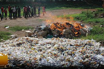 Police in Remera destroying drugs. The New Times / File.