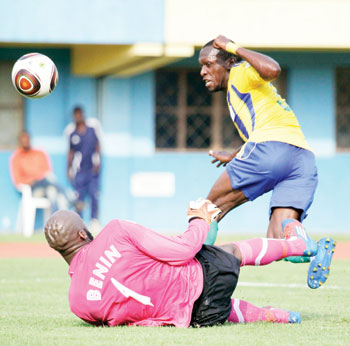 Police and Amvubi Stars striker Meddie Kagere, seen here in action against Benin in the 2014 Fifa World cup qualifier, is in South Africa for professional trials. The New Times/File.