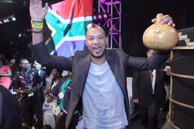 South Africau2019s Keagan Petersen celebrates after winning the Big Brother StarGame.