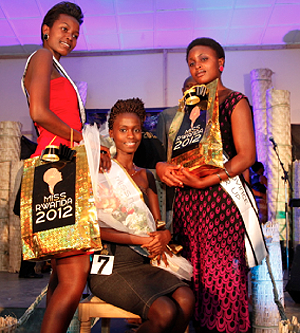 Miss Northern Province, Francine Uwase (C) poses with first runner-up (L) and second runner u2013up Francoise Ingabire and Ange Uwamahoro, respectively. Courtesy photo.