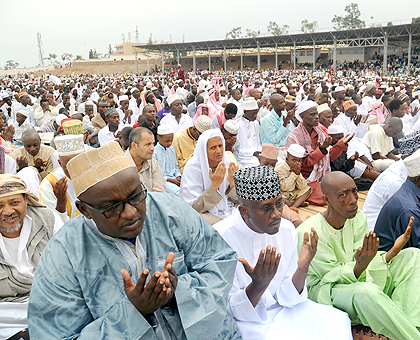 Muslims during Eid al-Fitr prayers at the Kigali Regional Stadium in Nyamirambo yesterday. The New Times / John Mbanda.