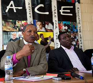 Apostle Paul Gitwaza (R) together with Rt Arch Bishop Emmanuel Colin at the news conference.The New Times / Timothy Kisambira.