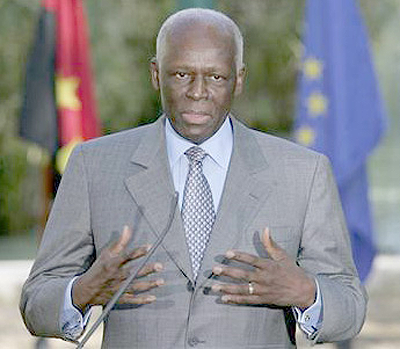 Angolas President Jose Eduardo dos Santos talks to journalists after a signature agreement ceremony held at Sao Bento Palace in Lisbon.