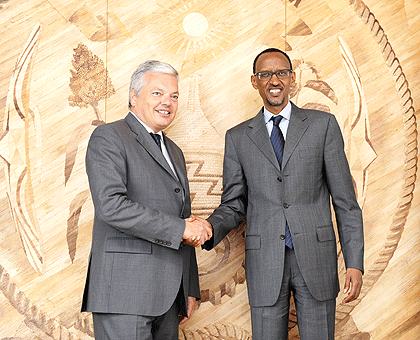 President Kagame receives the Belgian Deputy Prime Minister and Minister for Foreign Affairs, Didier Reynders at Village Urugwiro yesterday. The New Times/Village Urugwiro.