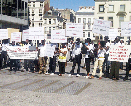 Rwandans during a peaceful demonstration against attacks by Congolese nationals in Brussels on August 18. The New Times / Courtesy.