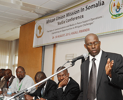 AMISOM head of Political Department Amb. Basile Gateretse makes a presentation at the meeting in Kigali Yesterday. The New Times / John Mbanda.