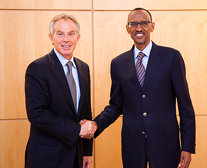 President Paul Kagame (R) receives Tony Blair on Friday. The Sunday Times / Timothy Kisambira.