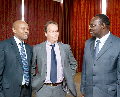 (L-R) Hannington Namara,  CEO of PSF, Mark Priestly of Trade Mark East Africa and Minister of Trade and Industry Francois Kanimba at the meeting yesterday. The New Times / Timothy Kisambira.