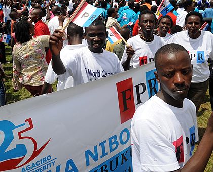 RPF youth in Kicukiro during recent celebrations of the partyu2019s 25 years of existence. Their counterparts in Gasabo have pledged to be exemplary. The New Times/  File.