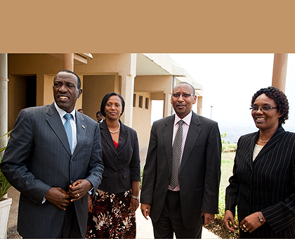 (L-R): Senate president Dr. Jean Damascene Ntawukuriryayo, Senate Vice president, Jean Du2019Arc Gakuba, Minister of Finance, John Rwangombwa  and Speaker Rose Mukantabana, chatting after announcing parliamentu2019s contribution to   Agaciro Fund. The New Times /