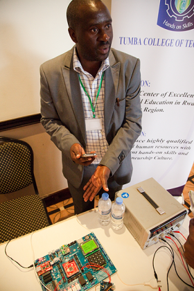 The Head of Electronics and Telecommunications Department at TCT, Jean Pierre Musabyimana, explaining how the lighting sysytem works.  The New Times / T. Kisambira.