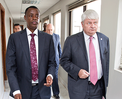 Defence Minister James Kabarebe with Herve Ladsous, the UN Under Secretary for Peace Keeping yesterday. The New Times Timothy Kisambira