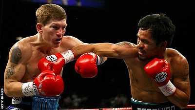 Hatton (L) has not fought since suffering a second-round knockout by Manny Pacquiao (R) in May 2009. Net photo.