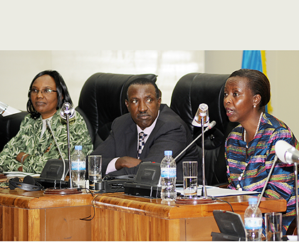 Foreign minister Louise Mushikiwabo (R), Senate President Dr Jean Damascene Ntawukuliryayo (C) and Speaker Rose Mukantabana at Parliament yesterday. The New Times / John Mbanda.