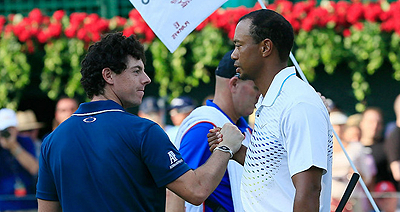 Tiger Woods (R) has enjoyed the opportunity to play with Rory McIlroy (L) on a regular basis recently. Net photo.