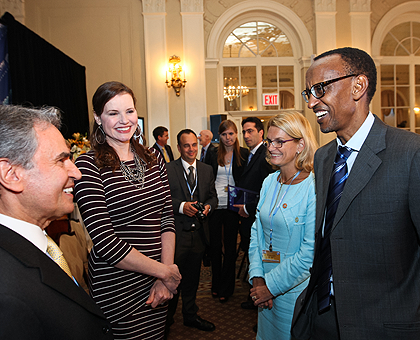 President Kagame with Dr. Reza Jafari, Chairman and CEO, E-Development International; Geena Davis, ITU Special Envoy for Women and Girls (2nd L); and Doreen Bogdan u2013 Martin of ITU at  the Broadband meeting in New York, Sunday. The NewTimes/Adam Scotti.