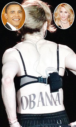 Baring her beliefs. Madonna has a temporary tattoo on her back which she reveals in the concerts. Net photo.