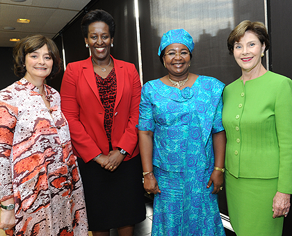 L-R: Cherie Blair, wife of former British Prime Minister Tony Blair; Jeanette Kagame; Tanzanian First Lady Salma Kikwete; and Laura Bush pose for a photo in New York on Wednesday. The New Times / Courtesy.