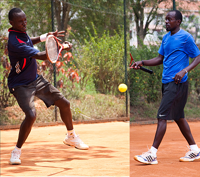 Jean Claude Gasigwa recovered from going a set down to beat comptriot Diedonne Habiyambere (R) in the men's singles final yesterday. The New Times / T. Kisambira.