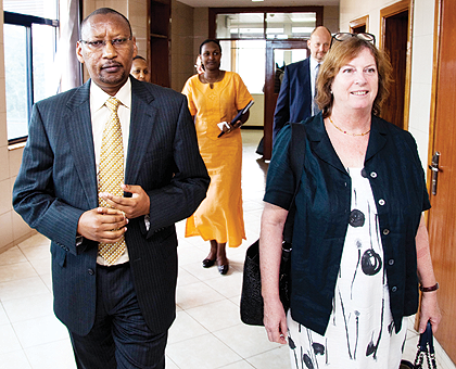 Minister of Finance John Rwangombwa with the European Union Development and Cooperation (DEVCO) Director for Sub-Saharan Africa, Francesca Mosca after their meeting yesterday.  The New Times  T. Kisambira.