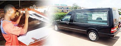 Rwanda Funeral Services'James Jingo displays some of his macabre wares.The funeral hearse at the entrance to King Faisal Hospital