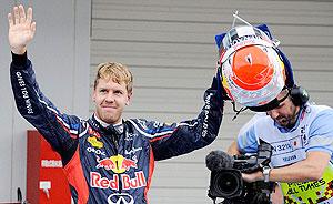 Vettel celebrates after securing the 34th pole position of his career. Net photo.