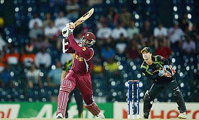 Chris Gayle hit 75 not out against Australia. Net photo.