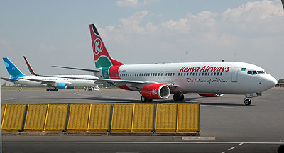 A Kenya Airways aircraft lands at Kigali international airport. The New Times / File.