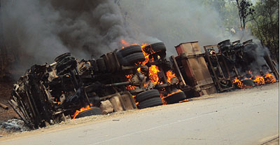 In September 2011, a Tanzanian petrol tanker driver was burnt after his truck overturned at the Ku Mukobwa Mwiza corner. The New Times / File.