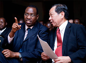 Japanese Ambassador to Rwanda Kunio Hatanaka with Minister Protais Mitali at the event.  The New Times / Timothy Kisambira.