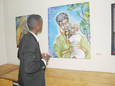  A guest admires a beautiful painting.