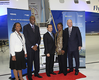  From left, Shakila Umutoni, first councillor at Rwanda's High Commission in Canada, John Mirenge, CEO RwandAir, Mike Arcamone, president Bombardier commercial aircraft, Edda Mukabagwiza, High Commissioner of Rwanda to Canada and John Lemieux, Rwanda's ho