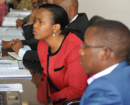 RDB acting CEO, Claire Akamanzi and her delegation listen to PAC members on Wednesday. The New Times, / John Mbanda.