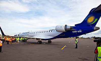 The newly acquired CRJ900 jet at Kigali International Airport. The New Times / File.